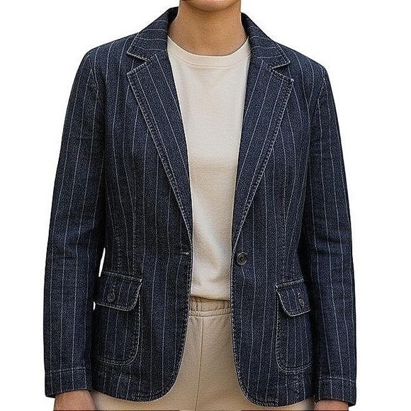 Larry Levine Jackets & Blazers - Larry Levine Women Blue Pinstripe Stretch Denim Blazer Jacket Size L RN103715